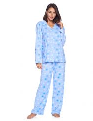 Casual Nights Women's Long Sleeve Rayon Button Down Pajama Set - Blue Snowflakes