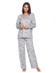 Casual Nights Women's Long Sleeve Rayon Button Down Pajama Set - Grey Snowflakes