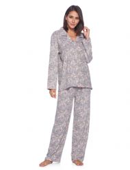 Casual Nights Women's Long Sleeve Rayon Button Down Pajama Set - Grey Paisley