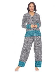 Casual Nights Women's Rayon Printed Long Sleeve Soft Pajama Set - Aqua Leopard