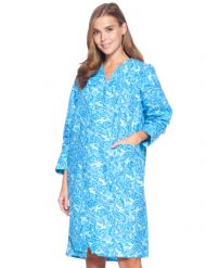 Casual Nights Women's Floral Snap Front Flannel Duster Long Sleeve Lounger Dress - Blue Paisley