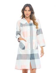 Casual Nights Women's Floral Snap Front Flannel Duster Long Sleeve Lounger Dress - Grey/PInk Plaid