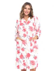 Casual Nights Women's Floral Snap Front Flannel Duster Long Sleeve Lounger Dress - Pink Rose