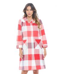 Casual Nights Women's Floral Snap Front Flannel Duster Long Sleeve Lounger Dress - Red Plaid
