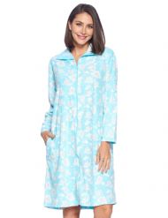 Casual Nights Women's Printed  Zipper Front Micro Fleece Robe Duster - Teal Blue Floral