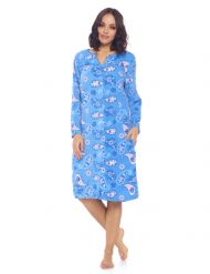 Casual Nights Women's Printed Fleece Snap-Front Lounger House Dress - #9 Mid Blue Paisley
