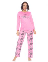 Casual Nights Women's Jersey Knit Long-Sleeve Top and Mircro Fleece Bottom Pajama Set - #8 Fuschia Butterfly