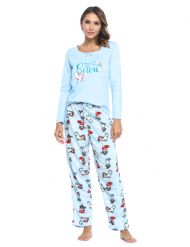 Casual Nights Women's Jersey Knit Long-Sleeve Top and Mircro Fleece Bottom Pajama Set - #1 Light Blue Holiday Cat