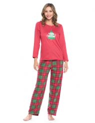 Casual Nights Women's Jersey Knit Long-Sleeve Top and Mircro Fleece Bottom Pajama Set - #2 Fushia Holiday Plaid