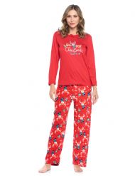 Casual Nights Women's Jersey Knit Long-Sleeve Top and Mircro Fleece Bottom Pajama Set - #1 Red Holiday Deer