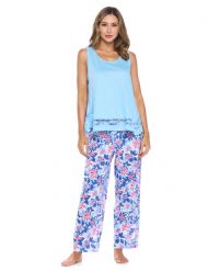 Casual Nights Women's Tank Top & Long Pants Pajama Set - Cami with Printed Bottom Sleepwear Pjs - Blue