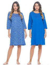 Casual Nights Women's Henley Nightshirts Set of 2, Floral 3/4 Sleeve Nightgowns & Solid Sleepwear Shirt - Royal Blue