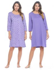 Casual Nights Women's Henley Nightshirts Set of 2, Floral 3/4 Sleeve Nightgowns & Solid Sleepwear Shirt - Lilac