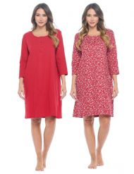 Casual Nights Women's Henley Nightshirts Set of 2, Floral 3/4 Sleeve Nightgowns & Solid Sleepwear Shirt - Red