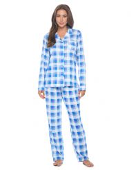 Casual Nights Womens Rayon Printed Long Sleeve Soft Pajama Set - Blue White Plaid