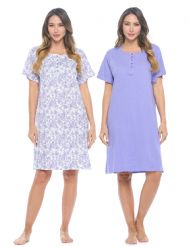 Casual Nights Women's Henley Nightshirts Set of 2, Floral Short Sleeve Nightgowns & Solid Sleepwear Shirt - Purple