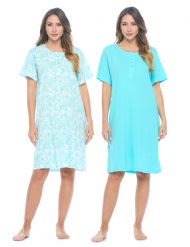 Casual Nights Women's Henley Nightshirts Set of 2, Floral Short Sleeve Nightgowns & Solid Sleepwear Shirt - Turquoise