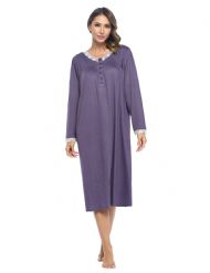 Casual Nights Women's Long Knitted & Lace Henley Nightgown - Grape