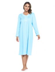Casual Nights Women's Long Knitted & Lace Henley Nightgown - Blue