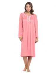 Casual Nights Women's Long Knitted & Lace Henley Nightgown - Salmon