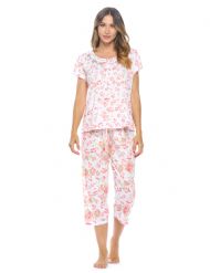 Casual Nights Women's Short Sleeve Embroidered Floral Capri Pajama Set - Pink
