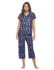 Casual Nights Women's Rayon Printed Short Sleeve Capri Pajama Set - Navy