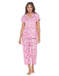 Casual Nights Women's Super Soft Capri Pajamas Set, Short Sleeve Button Down Shirt with Pants PJ Set with Pockets - Floral Pink