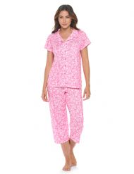 Casual Nights Women's Super Soft Capri Pajamas Set, Short Sleeve Button Down Shirt with Pants PJ Set with Pockets - Ditsy Floral Pink