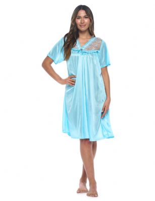 Casual Nights Women's Fancy Lace Neckline Silky Tricot Nightgown - Blue - This lightweight and comfortable Silk feel Short Sleeve Women's Lace Trim Lounger Tricot Nightshirt for ladies from the Casual Nights Loungewear and Sleepwear robes Collection, in beautiful feminine floral pattern design. this easy to wear nightshirt is made of 100% Poly fabric. The satin sleep dress Features V-neck neckline with floral embroidery yolk with embellished rhinestone, short sleeves, flirty knee length approx. 38 inches Shoulder to hem. This nightgown has a relaxed comfortable fit and comes in regular and plus sizes M, L, XL, 2X. All year winter and summer versatile multi uses, wear around the house as relaxed home day, a sleepshirt dress. Our sleep robe gowns are perfect to use for maternity, labor/delivery, hospital gown. Youll love slipping it on, this sleep nightgown is a great option for those who want something a lighter and sexier. Makes a perfect Mothers Day gift for your loved ones, mom, older women, or elderly grandmother. Even beautiful and comfortable enough for everyday use around the house.Please use our size chart to determine which size will fit you best, if your measurements fall between two sizes, we recommend ordering a larger size as most people prefer their sleepwear a little looser.  Medium: Measures US Size 8-10, Chests/Bust 36"-38" Large: Measures US Size 1214, Chests/Bust 38.5"-41" X-Large: Measures US Size 16-18, Chests/Bust 42"-44" XX-Large: Measures US Size 18W-20W, Chests/Bust 46-48"
