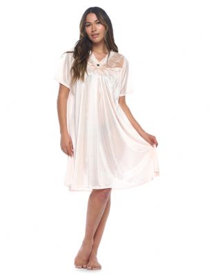 Casual Nights Women's Fancy Lace Neckline Silky Tricot Nightgown - Coral - This lightweight and comfortable Silk feel Short Sleeve Women's Lace Trim Lounger Tricot Nightshirt for ladies from the Casual Nights Loungewear and Sleepwear robes Collection, in beautiful feminine floral pattern design. this easy to wear nightshirt is made of 100% Poly fabric. The satin sleep dress Features V-neck neckline with floral embroidery yolk with embellished rhinestone, short sleeves, flirty knee length approx. 38 inches Shoulder to hem. This nightgown has a relaxed comfortable fit and comes in regular and plus sizes M, L, XL, 2X. All year winter and summer versatile multi uses, wear around the house as relaxed home day, a sleepshirt dress. Our sleep robe gowns are perfect to use for maternity, labor/delivery, hospital gown. Youll love slipping it on, this sleep nightgown is a great option for those who want something a lighter and sexier. Makes a perfect Mothers Day gift for your loved ones, mom, older women, or elderly grandmother. Even beautiful and comfortable enough for everyday use around the house.Please use our size chart to determine which size will fit you best, if your measurements fall between two sizes, we recommend ordering a larger size as most people prefer their sleepwear a little looser.  Medium: Measures US Size 8-10, Chests/Bust 36"-38" Large: Measures US Size 1214, Chests/Bust 38.5"-41" X-Large: Measures US Size 16-18, Chests/Bust 42"-44" XX-Large: Measures US Size 18W-20W, Chests/Bust 46-48"
