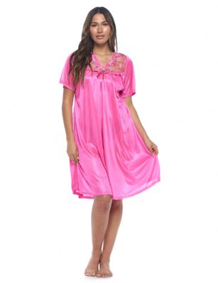 Casual Nights Women's Fancy Lace Neckline Silky Tricot Nightgown - Fuchsia - This lightweight and comfortable Silk feel Short Sleeve Women's Lace Trim Lounger Tricot Nightshirt for ladies from the Casual Nights Loungewear and Sleepwear robes Collection, in beautiful feminine floral pattern design. this easy to wear nightshirt is made of 100% Poly fabric. The satin sleep dress Features V-neck neckline with floral embroidery yolk with embellished rhinestone, short sleeves, flirty knee length approx. 38 inches Shoulder to hem. This nightgown has a relaxed comfortable fit and comes in regular and plus sizes M, L, XL, 2X. All year winter and summer versatile multi uses, wear around the house as relaxed home day, a sleepshirt dress. Our sleep robe gowns are perfect to use for maternity, labor/delivery, hospital gown. Youll love slipping it on, this sleep nightgown is a great option for those who want something a lighter and sexier. Makes a perfect Mothers Day gift for your loved ones, mom, older women, or elderly grandmother. Even beautiful and comfortable enough for everyday use around the house.Please use our size chart to determine which size will fit you best, if your measurements fall between two sizes, we recommend ordering a larger size as most people prefer their sleepwear a little looser.  Medium: Measures US Size 8-10, Chests/Bust 36"-38" Large: Measures US Size 1214, Chests/Bust 38.5"-41" X-Large: Measures US Size 16-18, Chests/Bust 42"-44" XX-Large: Measures US Size 18W-20W, Chests/Bust 46-48"