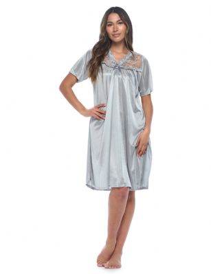 Casual Nights Women's Fancy Lace Neckline Silky Tricot Nightgown - Grey - This lightweight and comfortable Silk feel Short Sleeve Women's Lace Trim Lounger Tricot Nightshirt for ladies from the Casual Nights Loungewear and Sleepwear robes Collection, in beautiful feminine floral pattern design. this easy to wear nightshirt is made of 100% Poly fabric. The satin sleep dress Features V-neck neckline with floral embroidery yolk with embellished rhinestone, short sleeves, flirty knee length approx. 38 inches Shoulder to hem. This nightgown has a relaxed comfortable fit and comes in regular and plus sizes M, L, XL, 2X. All year winter and summer versatile multi uses, wear around the house as relaxed home day, a sleepshirt dress. Our sleep robe gowns are perfect to use for maternity, labor/delivery, hospital gown. Youll love slipping it on, this sleep nightgown is a great option for those who want something a lighter and sexier. Makes a perfect Mothers Day gift for your loved ones, mom, older women, or elderly grandmother. Even beautiful and comfortable enough for everyday use around the house.Please use our size chart to determine which size will fit you best, if your measurements fall between two sizes, we recommend ordering a larger size as most people prefer their sleepwear a little looser.  Medium: Measures US Size 8-10, Chests/Bust 36"-38" Large: Measures US Size 1214, Chests/Bust 38.5"-41" X-Large: Measures US Size 16-18, Chests/Bust 42"-44" XX-Large: Measures US Size 18W-20W, Chests/Bust 46-48"