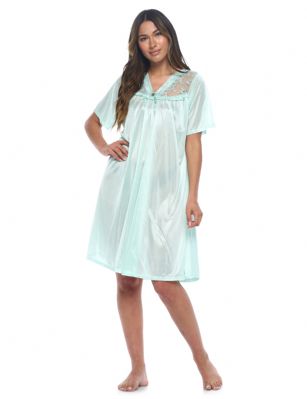 Casual Nights Women's Fancy Lace Neckline Silky Tricot Nightgown - Mint Green - This lightweight and comfortable Silk feel Short Sleeve Women's Lace Trim Lounger Tricot Nightshirt for ladies from the Casual Nights Loungewear and Sleepwear robes Collection, in beautiful feminine floral pattern design. this easy to wear nightshirt is made of 100% Poly fabric. The satin sleep dress Features V-neck neckline with floral embroidery yolk with embellished rhinestone, short sleeves, flirty knee length approx. 38 inches Shoulder to hem. This nightgown has a relaxed comfortable fit and comes in regular and plus sizes M, L, XL, 2X. All year winter and summer versatile multi uses, wear around the house as relaxed home day, a sleepshirt dress. Our sleep robe gowns are perfect to use for maternity, labor/delivery, hospital gown. Youll love slipping it on, this sleep nightgown is a great option for those who want something a lighter and sexier. Makes a perfect Mothers Day gift for your loved ones, mom, older women, or elderly grandmother. Even beautiful and comfortable enough for everyday use around the house.Please use our size chart to determine which size will fit you best, if your measurements fall between two sizes, we recommend ordering a larger size as most people prefer their sleepwear a little looser.  Medium: Measures US Size 8-10, Chests/Bust 36"-38" Large: Measures US Size 1214, Chests/Bust 38.5"-41" X-Large: Measures US Size 16-18, Chests/Bust 42"-44" XX-Large: Measures US Size 18W-20W, Chests/Bust 46-48"