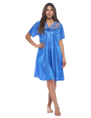 Casual Nights Women's Fancy Lace Neckline Silky Tricot Nightgown - Navy - This lightweight and comfortable Silk feel Short Sleeve Women's Lace Trim Lounger Tricot Nightshirt for ladies from the Casual Nights Loungewear and Sleepwear robes Collection, in beautiful feminine floral pattern design. this easy to wear nightshirt is made of 100% Poly fabric. The satin sleep dress Features V-neck neckline with floral embroidery yolk with embellished rhinestone, short sleeves, flirty knee length approx. 38 inches Shoulder to hem. This nightgown has a relaxed comfortable fit and comes in regular and plus sizes M, L, XL, 2X. All year winter and summer versatile multi uses, wear around the house as relaxed home day, a sleepshirt dress. Our sleep robe gowns are perfect to use for maternity, labor/delivery, hospital gown. Youll love slipping it on, this sleep nightgown is a great option for those who want something a lighter and sexier. Makes a perfect Mothers Day gift for your loved ones, mom, older women, or elderly grandmother. Even beautiful and comfortable enough for everyday use around the house.Please use our size chart to determine which size will fit you best, if your measurements fall between two sizes, we recommend ordering a larger size as most people prefer their sleepwear a little looser.  Medium: Measures US Size 8-10, Chests/Bust 36"-38" Large: Measures US Size 1214, Chests/Bust 38.5"-41" X-Large: Measures US Size 16-18, Chests/Bust 42"-44" XX-Large: Measures US Size 18W-20W, Chests/Bust 46-48"