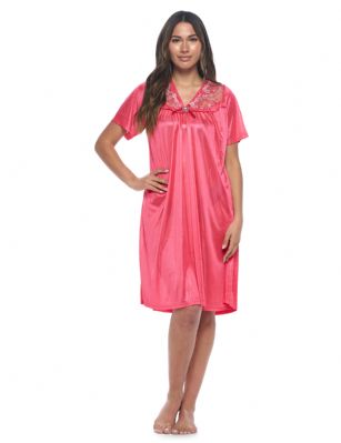 Casual Nights Women's Fancy Lace Neckline Silky Tricot Nightgown - Red - This lightweight and comfortable Silk feel Short Sleeve Women's Lace Trim Lounger Tricot Nightshirt for ladies from the Casual Nights Loungewear and Sleepwear robes Collection, in beautiful feminine floral pattern design. this easy to wear nightshirt is made of 100% Poly fabric. The satin sleep dress Features V-neck neckline with floral embroidery yolk with embellished rhinestone, short sleeves, flirty knee length approx. 38 inches Shoulder to hem. This nightgown has a relaxed comfortable fit and comes in regular and plus sizes M, L, XL, 2X. All year winter and summer versatile multi uses, wear around the house as relaxed home day, a sleepshirt dress. Our sleep robe gowns are perfect to use for maternity, labor/delivery, hospital gown. Youll love slipping it on, this sleep nightgown is a great option for those who want something a lighter and sexier. Makes a perfect Mothers Day gift for your loved ones, mom, older women, or elderly grandmother. Even beautiful and comfortable enough for everyday use around the house.Please use our size chart to determine which size will fit you best, if your measurements fall between two sizes, we recommend ordering a larger size as most people prefer their sleepwear a little looser.  Medium: Measures US Size 8-10, Chests/Bust 36"-38" Large: Measures US Size 1214, Chests/Bust 38.5"-41" X-Large: Measures US Size 16-18, Chests/Bust 42"-44" XX-Large: Measures US Size 18W-20W, Chests/Bust 46-48"