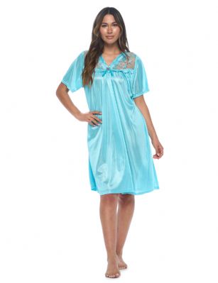 Casual Nights Women's Fancy Lace Neckline Silky Tricot Nightgown - Teal - This lightweight and comfortable Silk feel Short Sleeve Women's Lace Trim Lounger Tricot Nightshirt for ladies from the Casual Nights Loungewear and Sleepwear robes Collection, in beautiful feminine floral pattern design. this easy to wear nightshirt is made of 100% Poly fabric. The satin sleep dress Features V-neck neckline with floral embroidery yolk with embellished rhinestone, short sleeves, flirty knee length approx. 38 inches Shoulder to hem. This nightgown has a relaxed comfortable fit and comes in regular and plus sizes M, L, XL, 2X. All year winter and summer versatile multi uses, wear around the house as relaxed home day, a sleepshirt dress. Our sleep robe gowns are perfect to use for maternity, labor/delivery, hospital gown. Youll love slipping it on, this sleep nightgown is a great option for those who want something a lighter and sexier. Makes a perfect Mothers Day gift for your loved ones, mom, older women, or elderly grandmother. Even beautiful and comfortable enough for everyday use around the house.Please use our size chart to determine which size will fit you best, if your measurements fall between two sizes, we recommend ordering a larger size as most people prefer their sleepwear a little looser.  Medium: Measures US Size 8-10, Chests/Bust 36"-38" Large: Measures US Size 1214, Chests/Bust 38.5"-41" X-Large: Measures US Size 16-18, Chests/Bust 42"-44" XX-Large: Measures US Size 18W-20W, Chests/Bust 46-48"