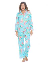 Casual Nights Women's Flannel Long Sleeve Button Down Pajama Set - Blue/Pink Floral