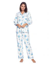 Casual Nights Women's Flannel Long Sleeve Button Down Pajama Set - White Blue Flower