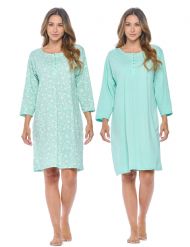 Casual Nights Women's Henley Nightshirts Set of 2, Floral 3/4 Sleeve Nightgowns & Solid Sleepwear Shirt - Mint