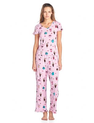 BHPJ By Bedhead Pajamas Women's Soft Knit Ruffle Short Sleeve Capri Pajama Set - Lt. Pink Lattes and Shakes - Please use this size chart to determine which size will fit you best, if your measurements fall between two sizes we recommend ordering a larger size as most people prefer their sleepwear a little looser. X- Small: Measures Chests/Bust 26"-28"  Small: Measures Chests/Bust 29-30"  Medium: Measures Chests/Bust 31-32"  Large: Measures Chests/Bust 33-34"  X-Large: Measures Chests/Bust 35-36"  XX-Large: Measures Chests/Bust 37-38"  This BHPJ by BedHead Pajamas V-neck Fitted Top Pajama 2PC Set is made from breathable 95% Poly/5% Spandex ultra-soft brushed back knitted fabric, in beautiful prints and patterns. This Two piece sleepwear PJ set will keep you super cozy and comfortable yet stylish at the same time. featuring; slim style, V Neckline pull over night shirt,short sleeve with ruffled trim, coordinating sleep bottom with plush elasticized waist for easy pull on and added comfort, Capri length approx. 26" inseam, roomy fit perfect for sleeping or lounging around. The special fabrication, sets these Pjs apart from the rest offering an unusual durable luxurious soft touch you will not want to take them off!The pajamas are in-house designed by Los Angeles Renee Claire whose innate sense of style and eye for patterns help drive customers to begin collecting and gifting her creations season after season.