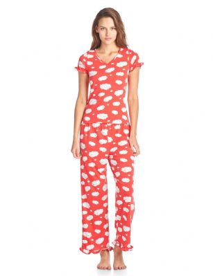 BHPJ By Bedhead Pajamas Women's Soft Knit Ruffle Short Sleeve Capri Pajama Set - Coral Dancing Sheep - Please use this size chart to determine which size will fit you best, if your measurements fall between two sizes we recommend ordering a larger size as most people prefer their sleepwear a little looser. X- Small: Measures Chests/Bust 26"-28"  Small: Measures Chests/Bust 29-30"  Medium: Measures Chests/Bust 31-32"  Large: Measures Chests/Bust 33-34"  X-Large: Measures Chests/Bust 35-36"  XX-Large: Measures Chests/Bust 37-38"  This BHPJ by BedHead Pajamas V-neck Fitted Top Pajama 2PC Set is made from breathable 95% Poly/5% Spandex ultra-soft brushed back knitted fabric, in beautiful prints and patterns. This Two piece sleepwear PJ set will keep you super cozy and comfortable yet stylish at the same time. featuring; slim style, V Neckline pull over night shirt,short sleeve with ruffled trim, coordinating sleep bottom with plush elasticized waist for easy pull on and added comfort, Capri length approx. 26" inseam, roomy fit perfect for sleeping or lounging around. The special fabrication, sets these Pjs apart from the rest offering an unusual durable luxurious soft touch you will not want to take them off!The pajamas are in-house designed by Los Angeles Renee Claire whose innate sense of style and eye for patterns help drive customers to begin collecting and gifting her creations season after season.