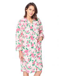 Casual Nights Women's Floral Snap Front Flannel Duster Long Sleeve Lounger Dress - Pink Floral