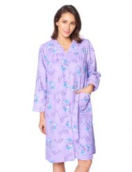 Casual Nights Women's Floral Snap Front Flannel Duster Long Sleeve Lounger Dress - Purple Violet