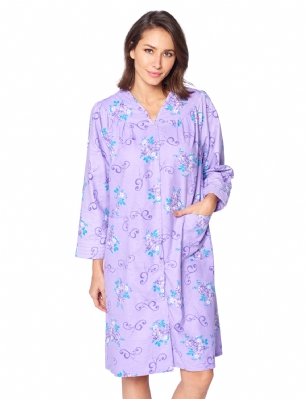 Casual Nights Women's Floral Snap Front Flannel Duster Long Sleeve Lounger Dress - Purple Violet - Use Our size chart to determine your size, we recommend ordering a larger size for a more relaxed fit, ALLOW SHRINKAGE, Size Medium (2-4) Large (6-8) X-Large (10-12) XX-Large (14-16) XXX-Large (16-18) Lounge at ease in this Casual Nights Flannel Lounger House Dress for Women, designed with a comfortable loose fit style. The Duster Gown features: Long sleeves. V neck with stitching detail. Easy 6 full front snap down closure making it very easy to put on and take off. 2 Large handy patch pockets. Waltz knee length, Length Measures approx. 40 inches. The Casual Nights Modest Lounge robe, is made with durable ultra-soft 100% Cotton fabric, designed to give you that soft and warm touch that feels great against skin. This Ladies house gown Is the perfect choice for new moms lounging around the house in comfort using it as a cover up, in rehab, hospital robe for moms to be or surgery recovery. Makes an Excellent Holiday Gift idea for any special women in your life, for any special occasions such as; Mothers Day, Christmas, or Birthdays! She will sure love it!!!