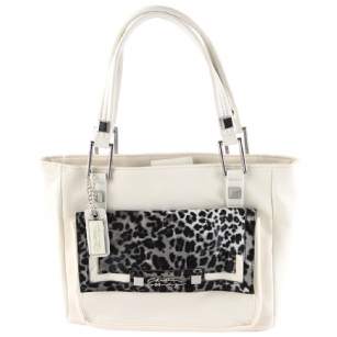 Christian Audigier Magda Tote- White - Stay in tiptop fashion shape as you adorn yourself in this Christian AudigierMagda Tote. FeaturesLeopard Print Snap Flapover exterior pocket.Edgy hardware accents, InsideMulti-function pocket and a back-wall zip pocket.