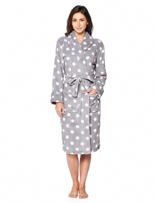 Casual Nights Women's Fleece Plush Robe - Grey/Dots - Sizing Recommendations: Size Medium (4-6) Large (8-10) X-Large (12-14) XX-Large (16-18)Wrap around in comfort with this cozy warm Plush Fleece Robe From Casual Nights, Exceptionally lightweight Bathrobe with Fun and elegant prints. Featuring a shawl collar and foldover cuffs, Long sleeves, matching self-Tie belt, Attached inner tie and 2 hand Pockets. Effortless Design perfect for Lounging, Relaxing or just layering on.