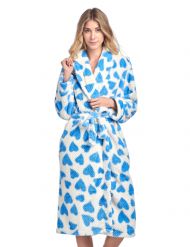 Casual Nights Women's Heart Long Sleeve Mini Popcorn Fleece Plush Robe - Blue