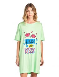 Casual Nights Women's Short Sleeve Printed Scoop Neck Sleep Tee - Hugs And Kisses Lime