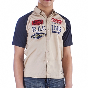 Ed Hardy Kids Boys Buttoned Shirt - Beige/Blue - The Ed Hardy Kids Boys Buttoned Patched Shirt is a quality shirt that your kids will look ravishing .This shirt features appliques on front with Ed Hardy Tattoo graphics on back , Buttoned Down and shorts sleeves.