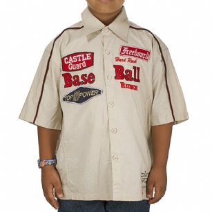 Ed Hardy Toddler Boys Buttoned Shirt - Beige - The Ed Hardy Toddler Boys Buttoned Patched Shirt is a quality shirt that your kids will look ravishing .This shirt features appliques on front with Ed Hardy Tattoo graphics on back , Buttoned Down and shorts sleeves.